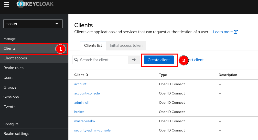 The Keycloak Admin UI with the steps highlighted to navigate to client configuration.